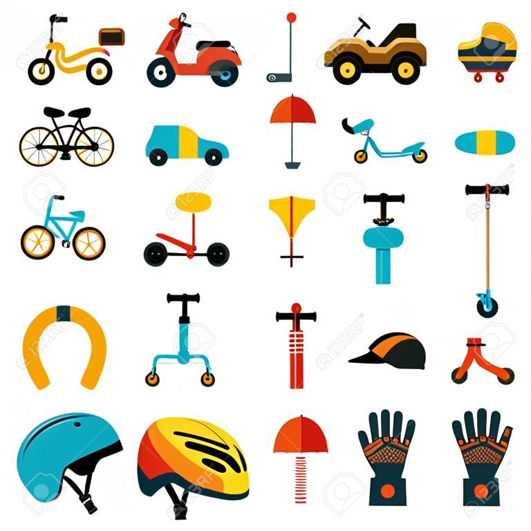 Le immagini isolate protettive dell'attrezzatura di sport di protezione del corpo di sicurezza del bambino messe con i rotoli inginocchia le biciclette ed i caschi vector l'illustrazione