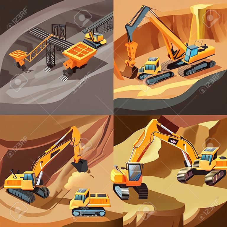 Mining set of square compositions with machinery equipment performing open pit operations in through cut scenery vector illustration