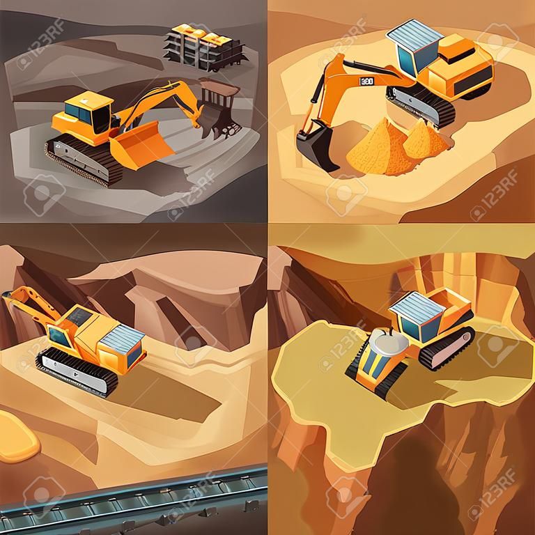 Bergbau-Satz von quadratischen Kompositionen mit Maschinen Ausrüstung Durchführung Tagebau Operationen in durch Schnitt Landschaft Vektor-Illustration