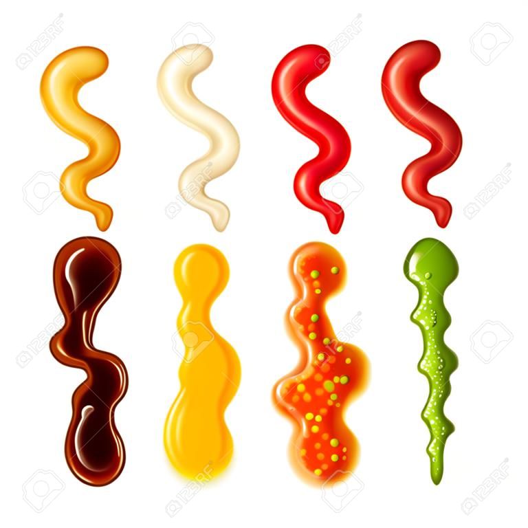 Colorful set of sauce blobs in different forms   in cartoon style isolated vector illustration.