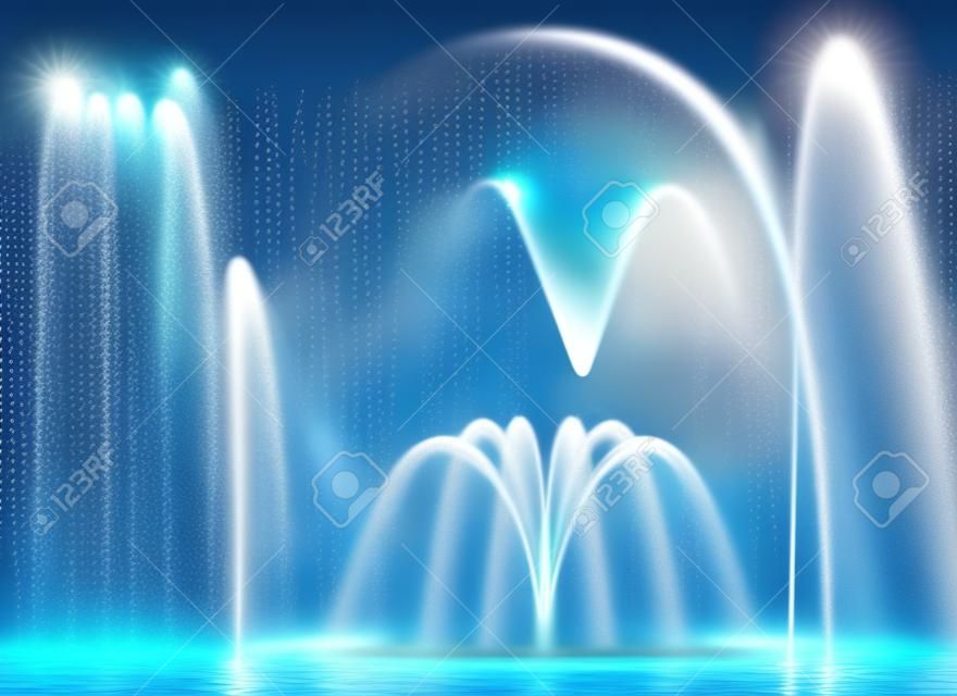 Set of realistic fountains with water jets in various geometric combination on transparent background isolated vector illustration