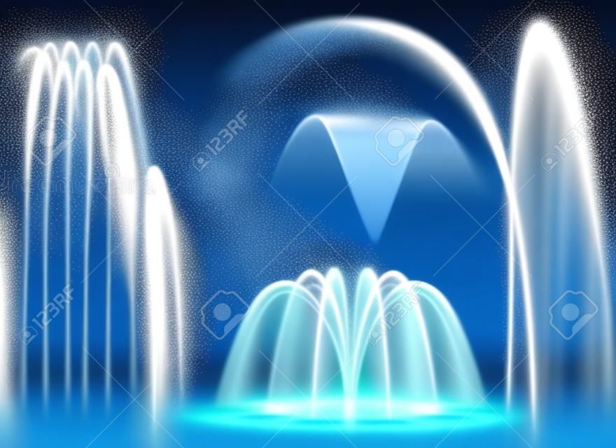 Set realistyczne fontanny z wodnymi strumieniami w różnorodnej geometrycznej kombinaci na przejrzystym tle odizolowywał wektorową ilustrację