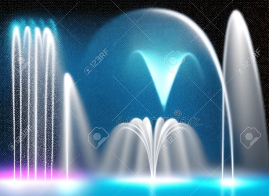 一套現實的噴泉與水射流在各種幾何組合在透明背景孤立的矢量插圖