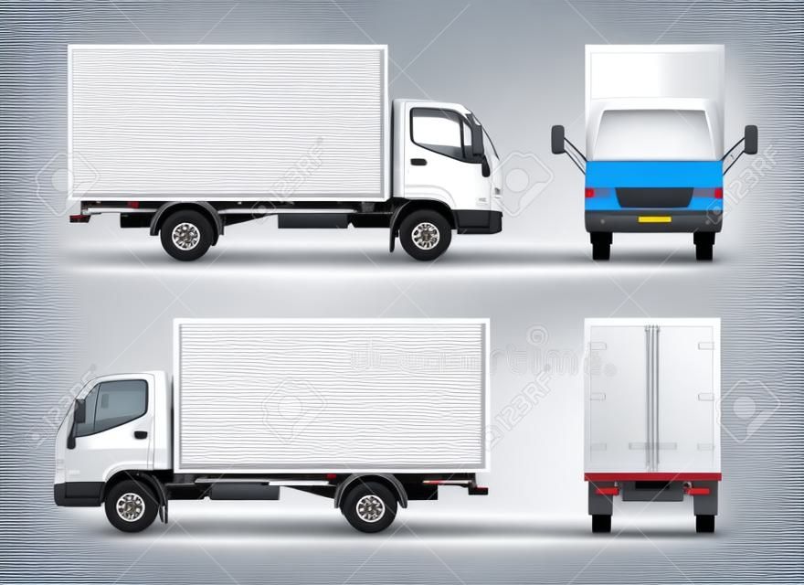 Ciężarówka z puste powierzchni realistyczne reklamy mockup widok z boku, z przodu iz tyłu na białym tle ilustracji wektorowych