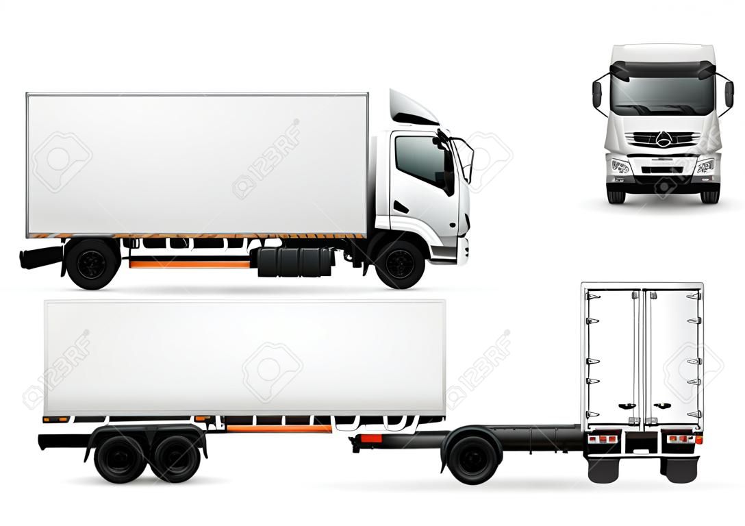 卡車與空白表面逼真廣告模型側視圖，前後在白色背景矢量插圖