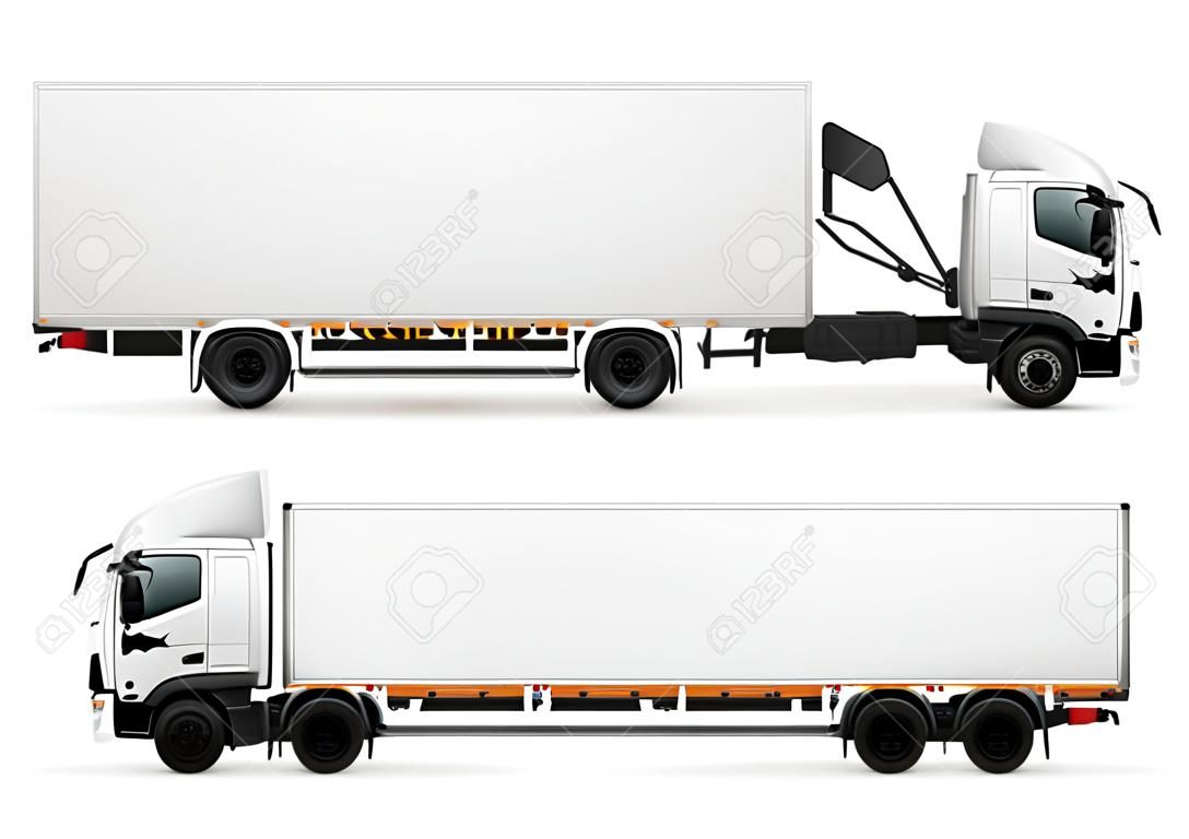 卡車與空白表面逼真廣告模型側視圖，前後在白色背景矢量插圖