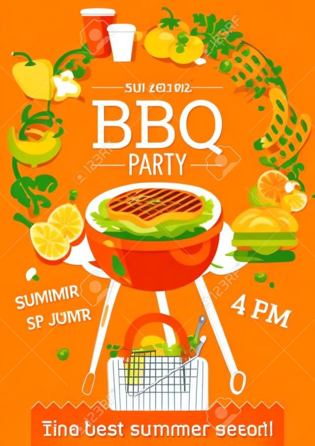 Nyári bbq párt bejelentése plakát grill kosár grill kiegészítők ételek italok narancssárga háttér lakás vektoros illusztráció