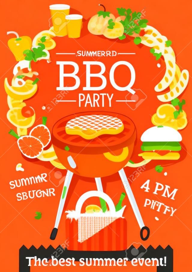 Zomer bbq partij aankondiging poster met grill mand barbecue accessoires eten dranken oranje achtergrond platte vector illustratie