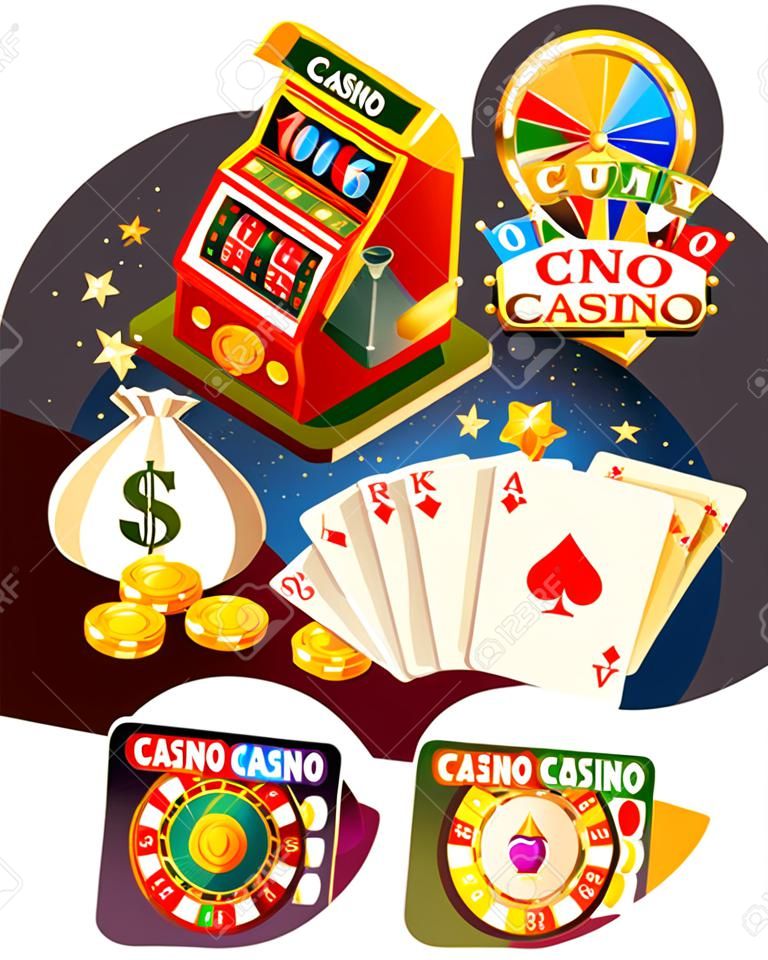 Éléments de design isométrique de compositions décoratives Casino avec la machine à sous Roulette de cartes à jouer et puces isolé vector illustration