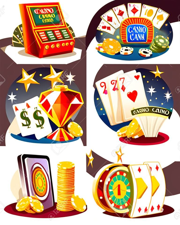 Casino decorative compositions isometric design elements with slot machine playing cards roulette and chips  isolated vector illustration