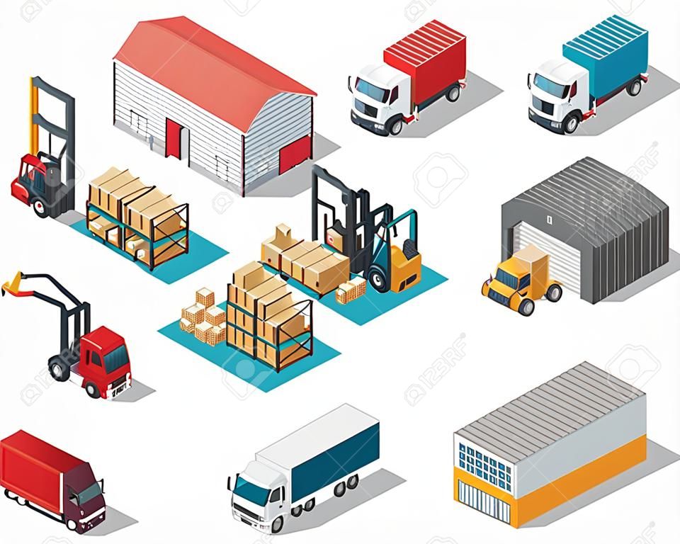 孤立的等距仓库物流图标集与仓库建筑卡车和货物矢量图