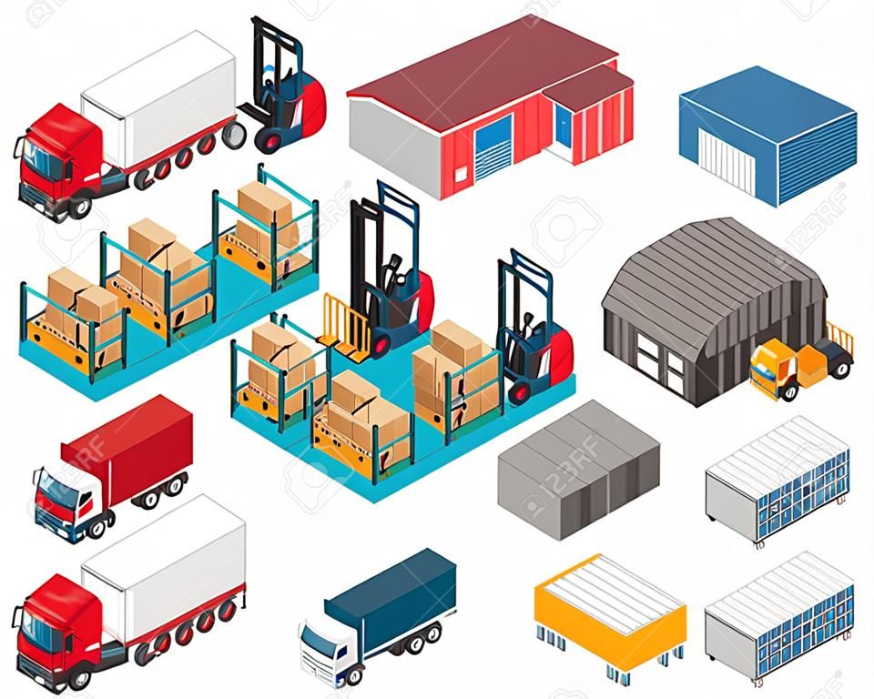 Изолированный изометрический складской логистический набор иконок со складскими строительными грузовиками и грузовой векторной иллюстрацией