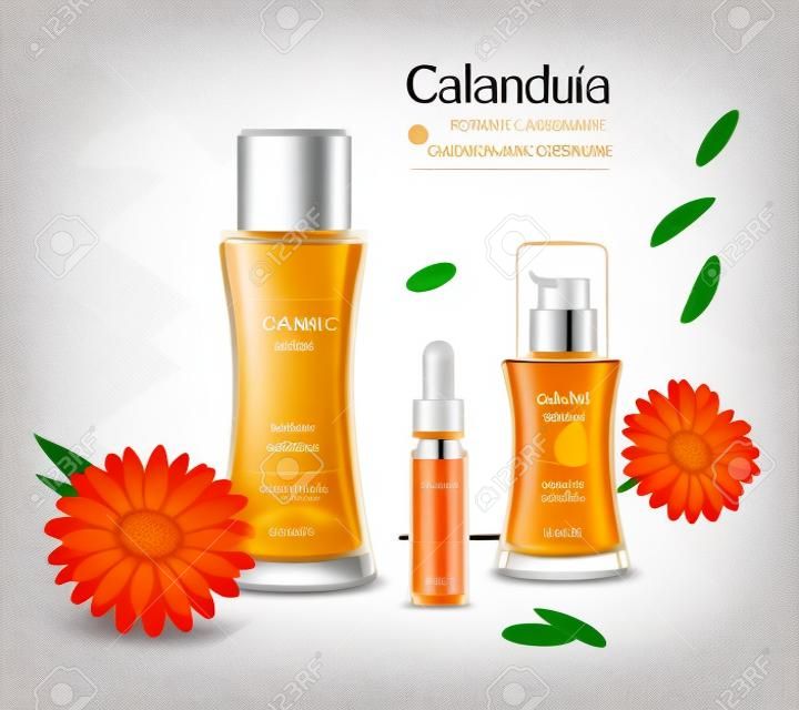 Bio-Kosmetik Hautpflegeprodukte realistische Werbeplakat mit Calendula-Extrakt Essenz Lotion und Öl Hintergrund Vektor-Illustration