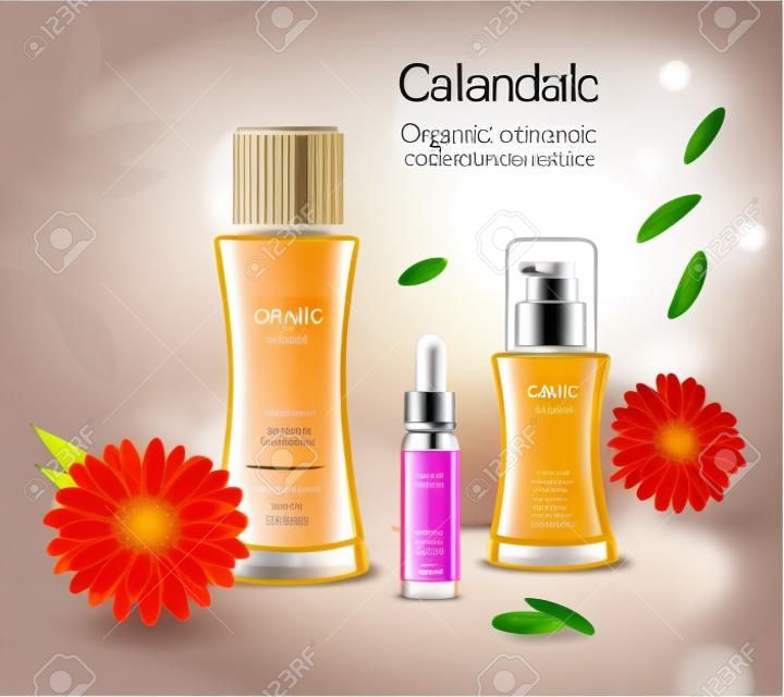 Organic cosmetics skincare products realistic advertisement poster with calendula extract essence lotion and oil background vector illustration