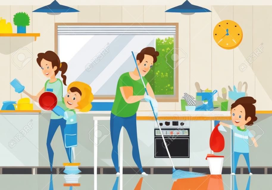 孩子们帮助父母清洁厨房复古卡通海报与地板清扫和洗碗抽象矢量图