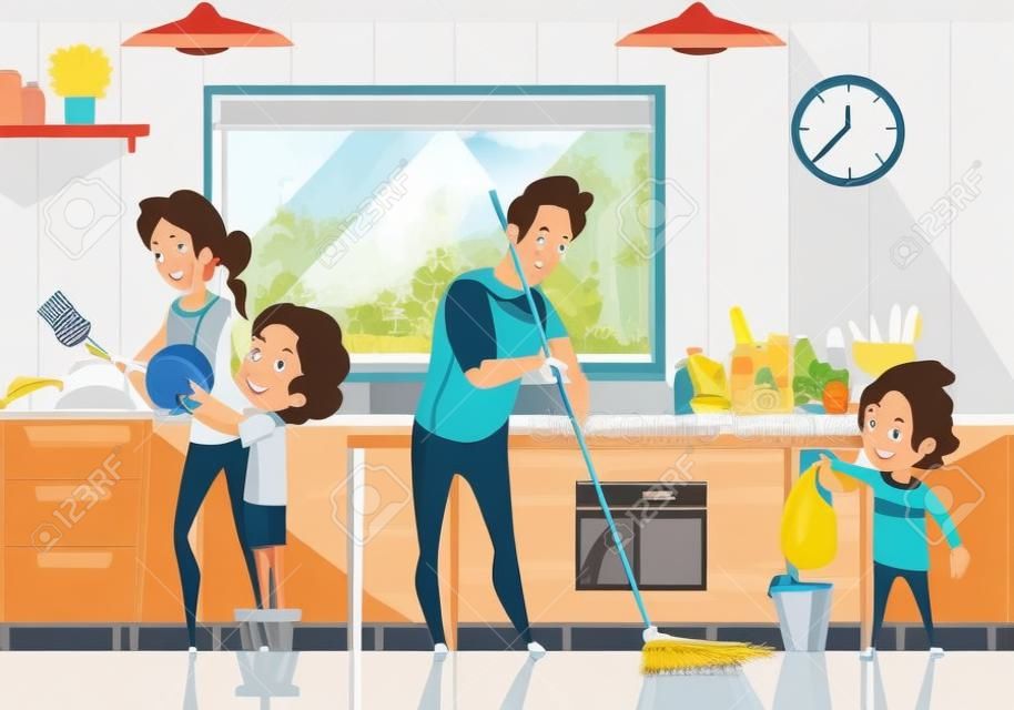 Crianças, ajudando os pais a limpar o cartaz retrô dos desenhos animados de cozinha com varrer o chão e lavar a louça abstraem ilustração vetorial