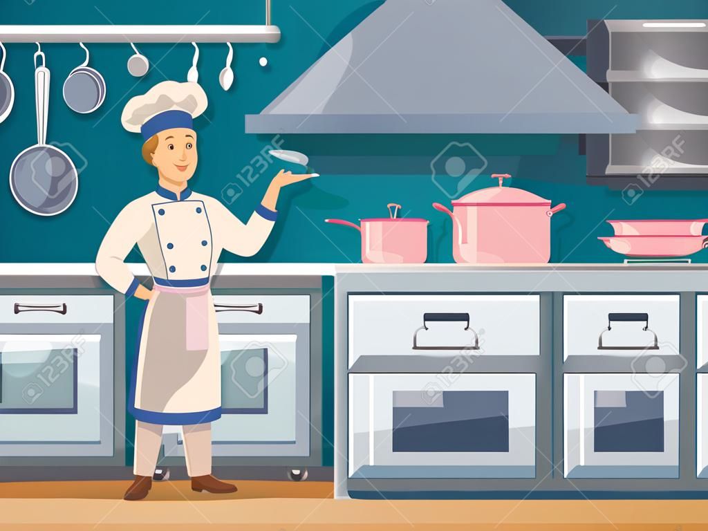 Yacht cruise ship crew cook cartoon character in galley kitchen preparing food poster abstract retro vector illustration