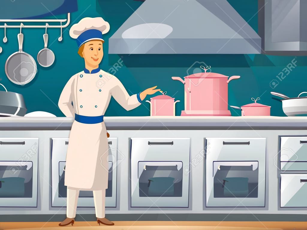 Yacht cruise ship crew cook cartoon character in galley kitchen preparing food poster abstract retro vector illustration