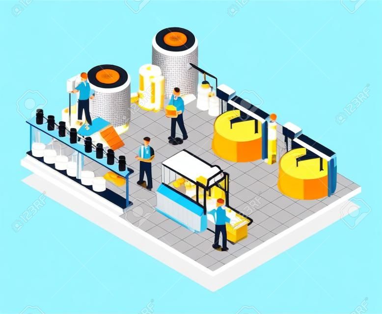 Современный завод по производству сыра с автоматизированными этапами обработки и персоналом в единой изометрической композиции векторной иллюстрации