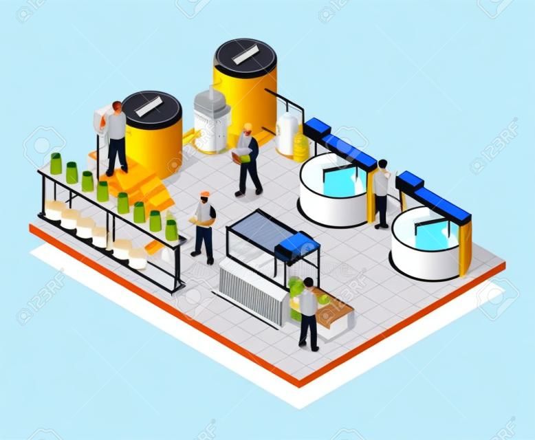Contemporary cheese production factory floor with automated processing steps and personnel in uniform isometric composition vector illustration