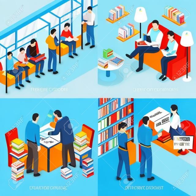 Isometric book reading design concept with various situations in public transport, library and domestic scenery, vector illustration