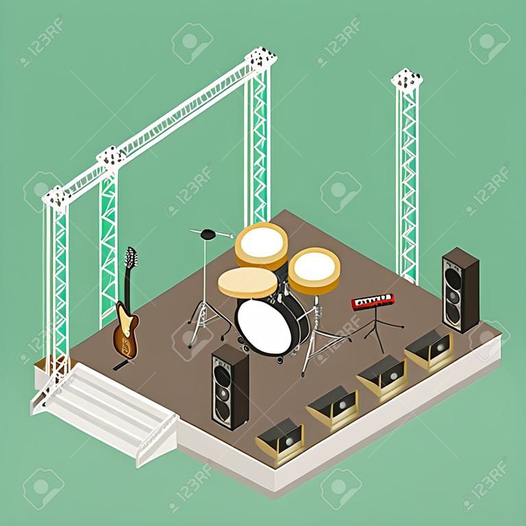 Truss bouw van podium voor straatprestaties met audioversterkers elektrische gitaren en percussie instrumenten isometrische vector illustratie