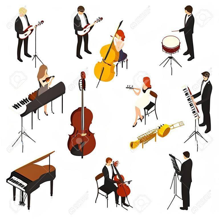 Conjunto isométrico de hombres y mujeres en trajes y vestidos tocando varios instrumentos musicales.