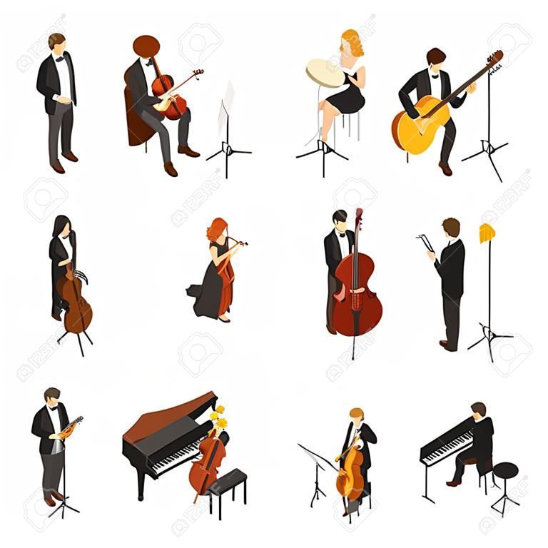 Conjunto isométrico de homens e mulheres em trajes e vestidos tocando vários instrumentos musicais.