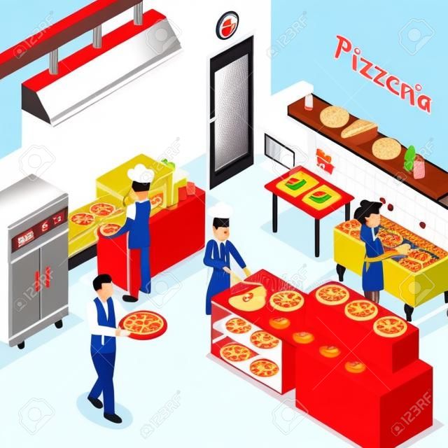 Fondo interior de la instalación de la cocina comercial de la pizzería con mini horno del horno del transportador y camarero que sirve la ilustración del vector de la pizza