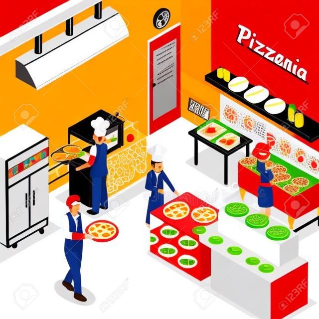 Mini konveyörlü pizzacı ticari mutfak tesisi iç arka plan fırında fırın ve pizza vektör illüstrasyon servis eden garson