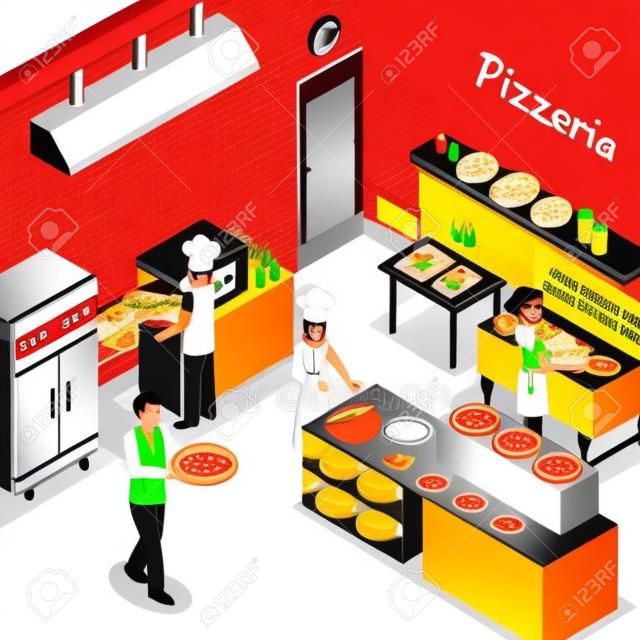 미니 컨베이어 피자 오븐 및 웨이터 피자 벡터 일러스트를 봉사와 함께 피자 상업 부엌 시설 내부 배경