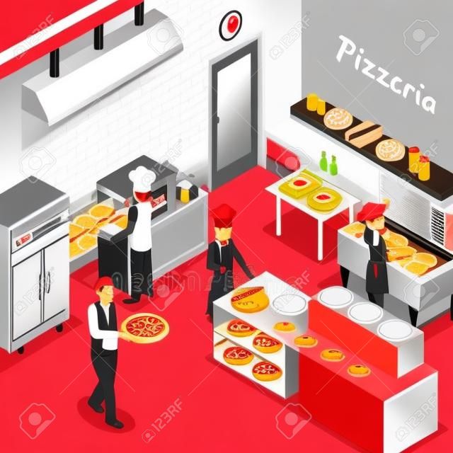 Pizzeria commerciële keuken faciliteit interieur achtergrond met mini transportband bakoven en ober serveren pizza vector illustratie