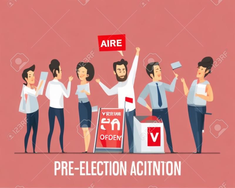 Campaña electoral preelectoral con candidatos hablando con composición de dibujos animados políticos de personas con la ilustración de vector de urnas