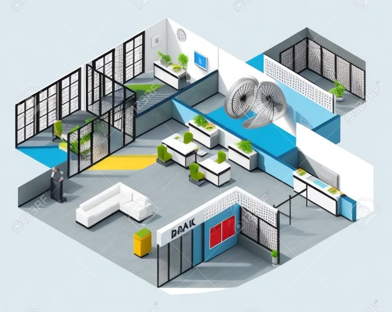 Bank offices space interior isometric view with customer assistants desks cash machine and waiting area vector illustration