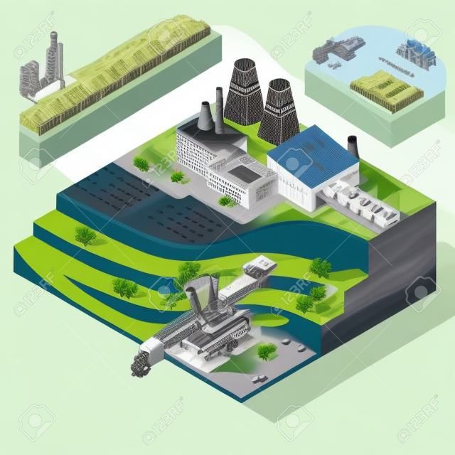 Isometric mining composition with images of factory buildings and opencast mine with extractive equipment for quarrying vector illustration