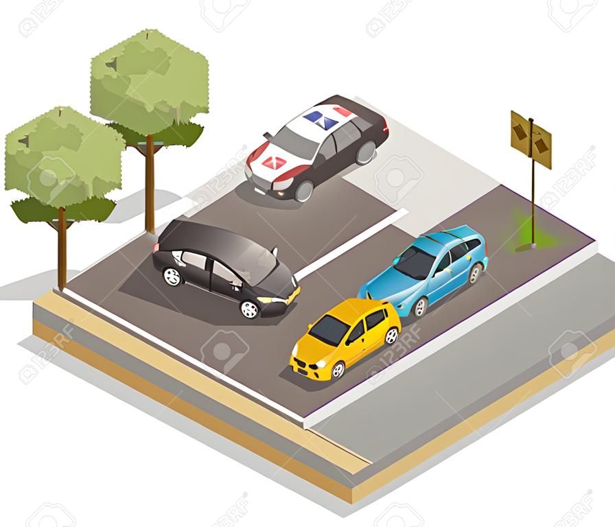 Kolizja drogowa na skrzyżowaniu skład izometryczny z samochodami biorącymi udział w wypadku drogowym i ilustracji wektorowych pojazdu policyjnego