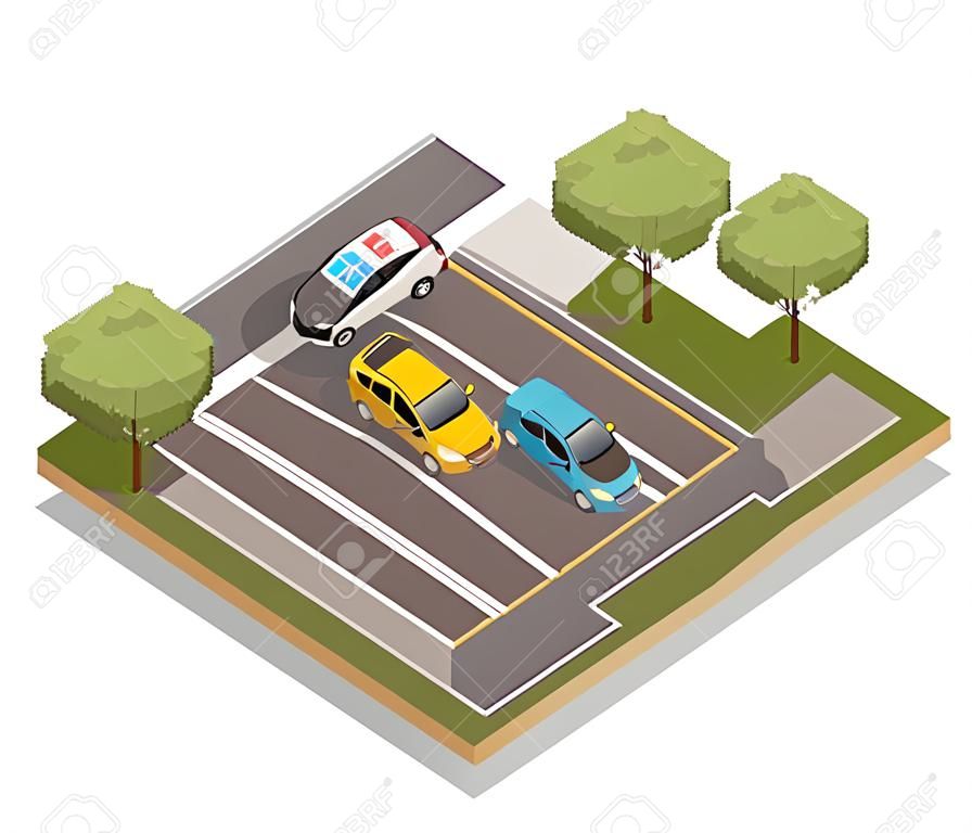 Collision routière à la composition isométrique d'intersection avec des voitures impliquées dans un accident de la circulation et illustration vectorielle de véhicule de police