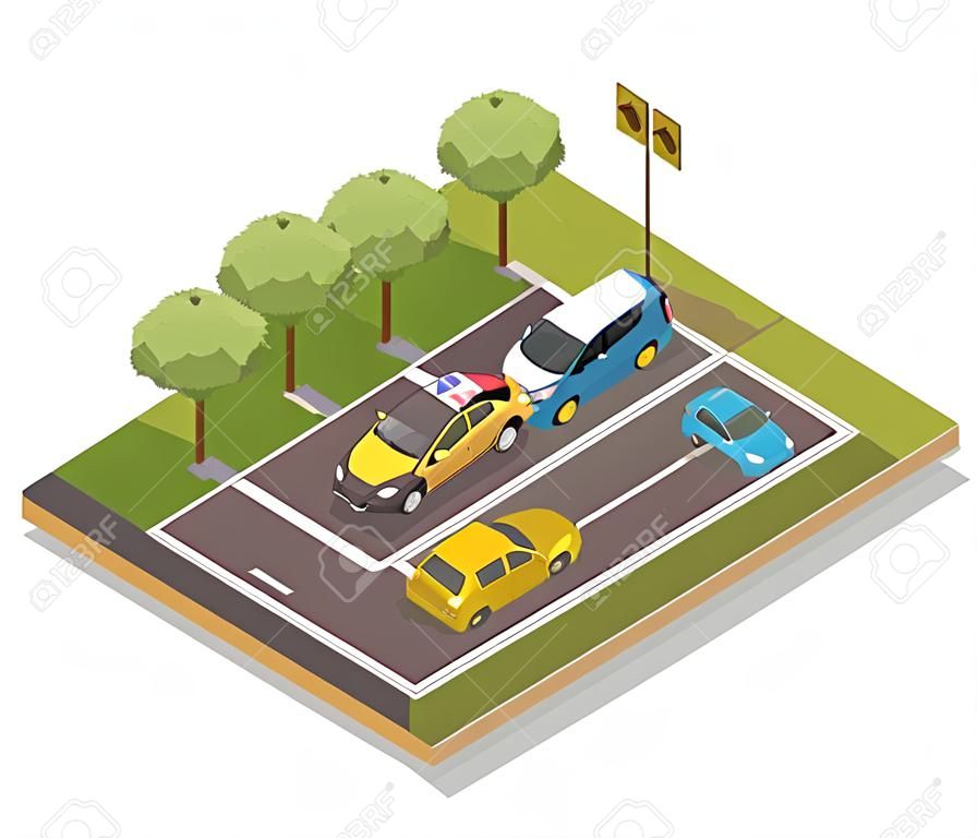 Road collision at intersection isometric composition with cars involved in traffic accident and police vehicle vector illustration