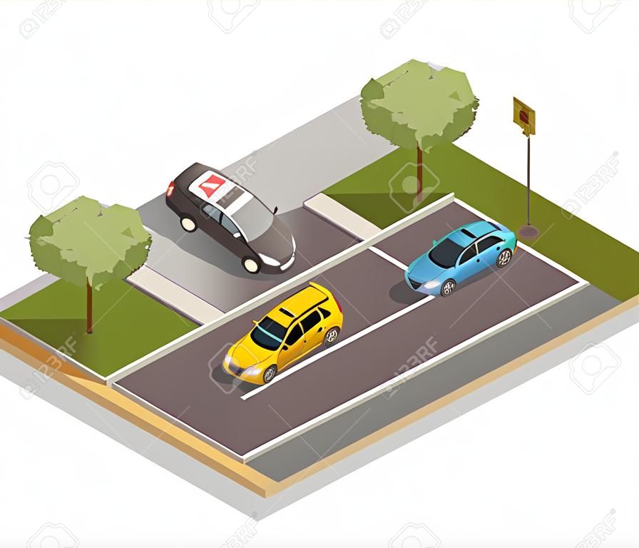 Kolizja drogowa na skrzyżowaniu skład izometryczny z samochodami biorącymi udział w wypadku drogowym i ilustracji wektorowych pojazdu policyjnego