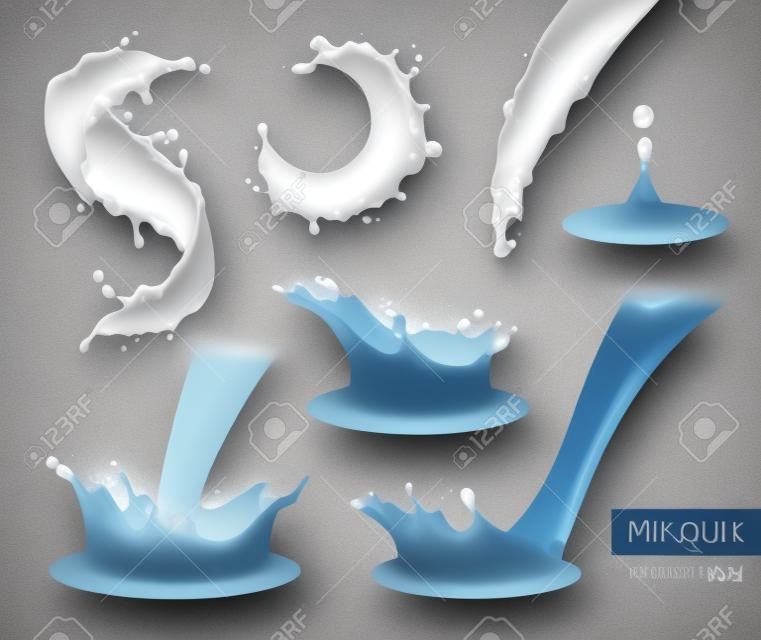 L'insieme di latte realistico spruzza di varia forma con le gocce isolate sull'illustrazione grigia.