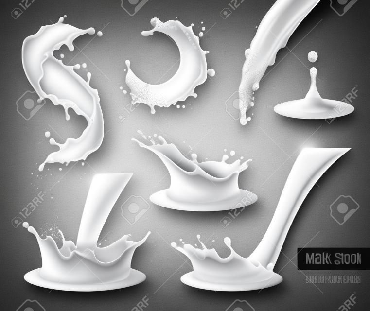 L'insieme di latte realistico spruzza di varia forma con le gocce isolate sull'illustrazione grigia.