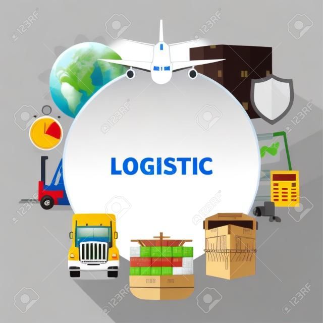 Composizione rotonda logistica con mezzi di trasporto per la consegna di merci combinate in cornice rotonda. Illustrazione vettoriale