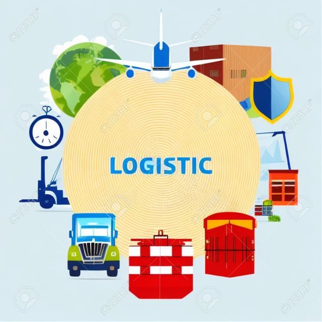 Composizione rotonda logistica con mezzi di trasporto per la consegna di merci combinate in cornice rotonda. Illustrazione vettoriale