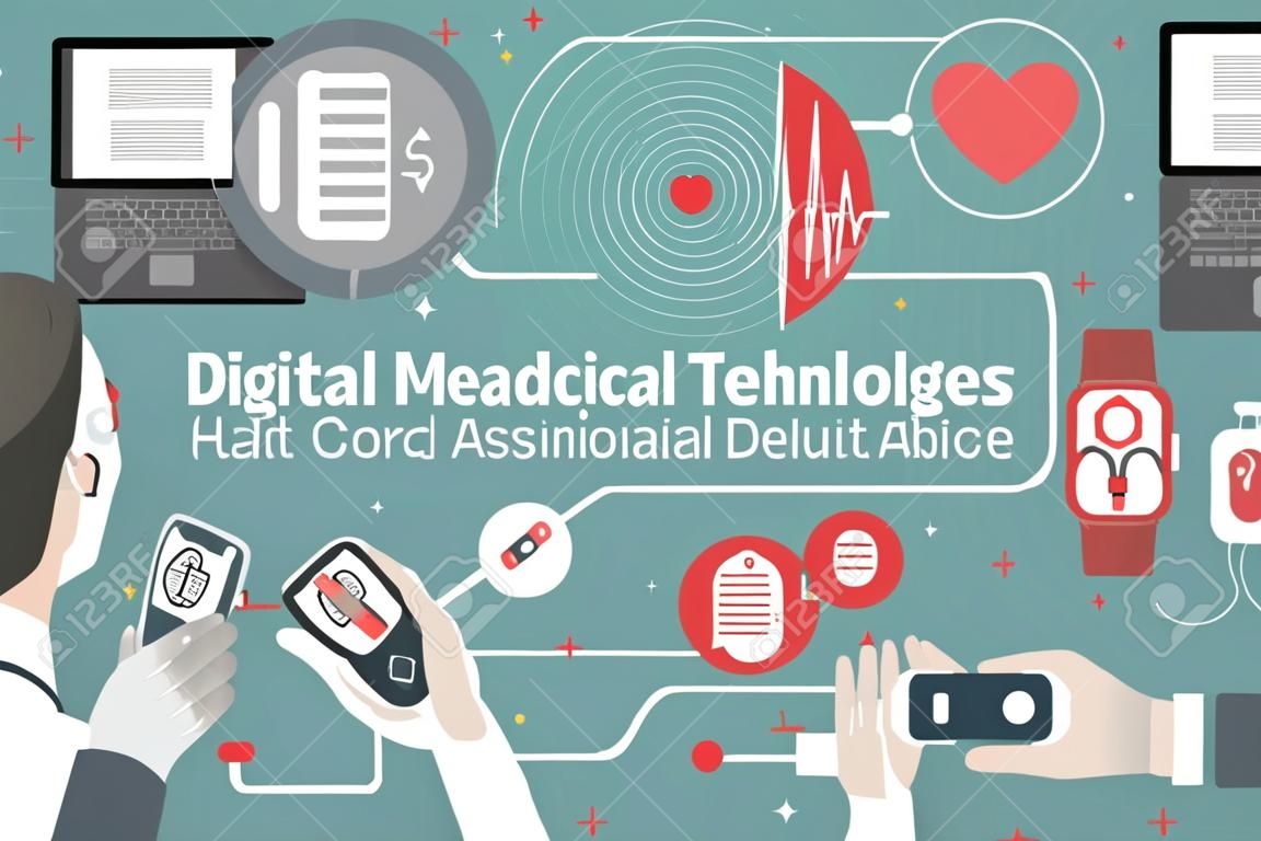 Flaches Plakat der Digital-Medizintechnik mit Berufsdoktorunterstützung und tragbaren Geräten der Selbstpflege vector Illustration
