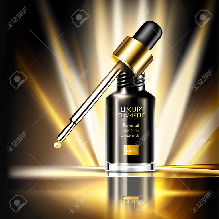 Manifesto realistico della pubblicità dei cosmetici di lusso con la bottiglia di olio essenziale nera con l'illustrazione scura di vettore del fondo dei raggi dorati del contagoccia