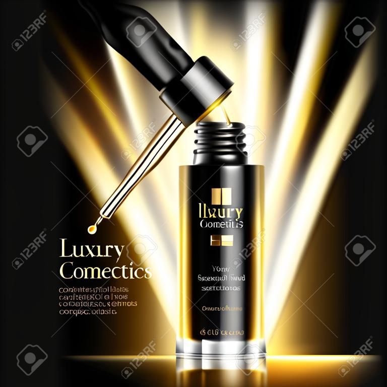 Manifesto realistico della pubblicità dei cosmetici di lusso con la bottiglia di olio essenziale nera con l'illustrazione scura di vettore del fondo dei raggi dorati del contagoccia