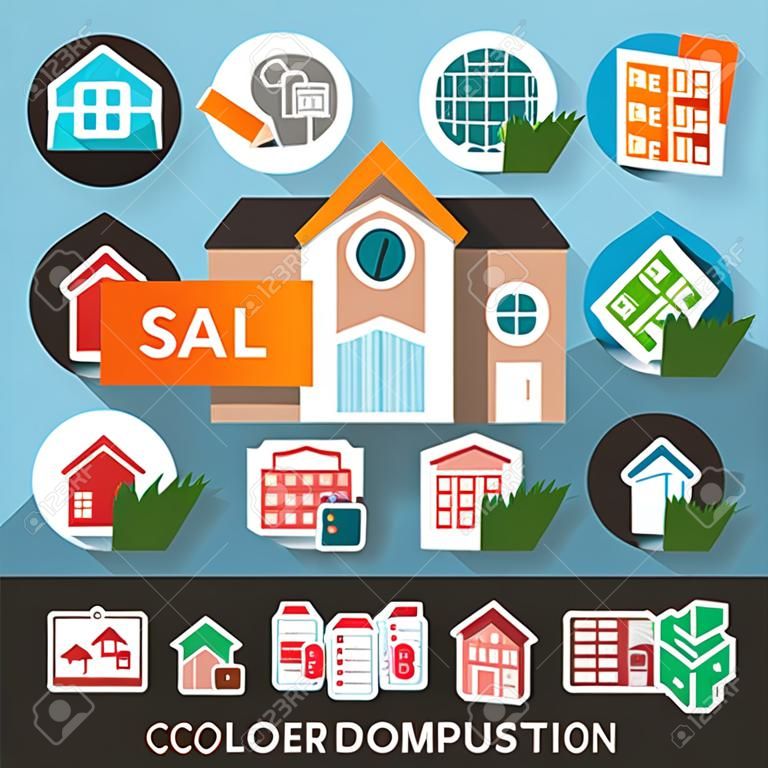 Composição colorida imobiliária com coleção de ícones isolada combinada em ilustração vetorial plana de flyer