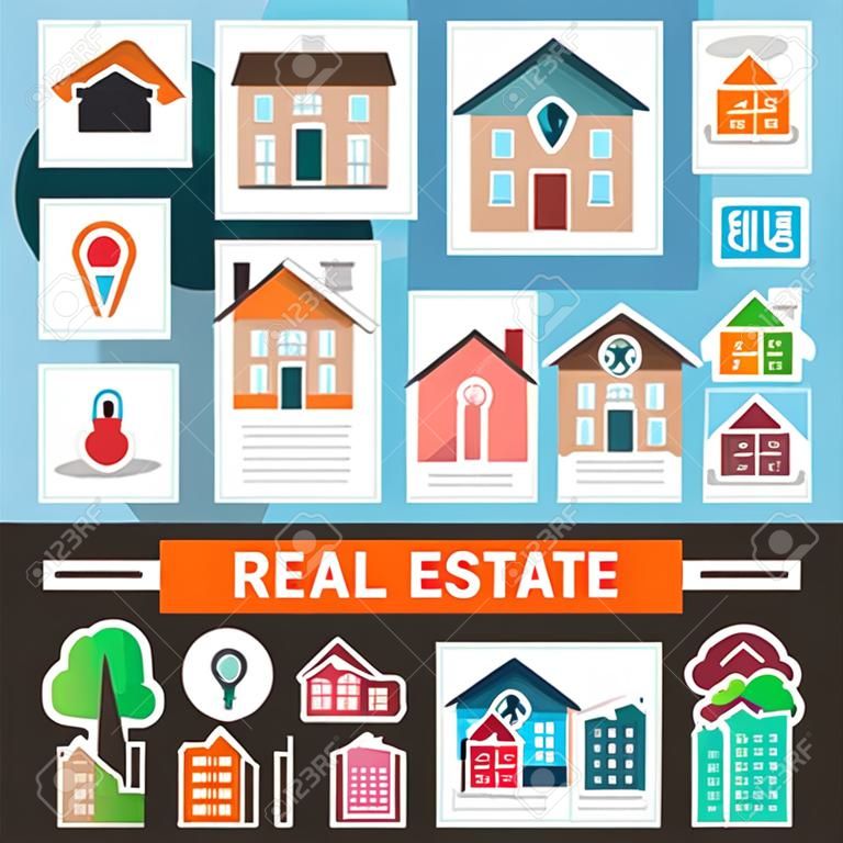Composition colorée de l'immobilier avec la collection d'icônes isolée combinée en illustration vectorielle flyer plat