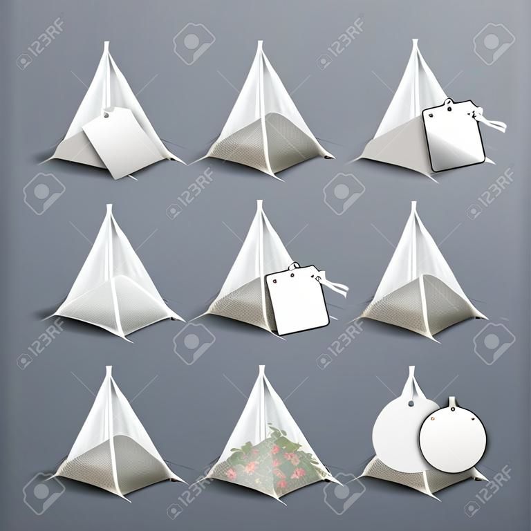 Whole leaves silky nylon pyramid realistic tea bags collection with various shaped white blank tags vector illustration