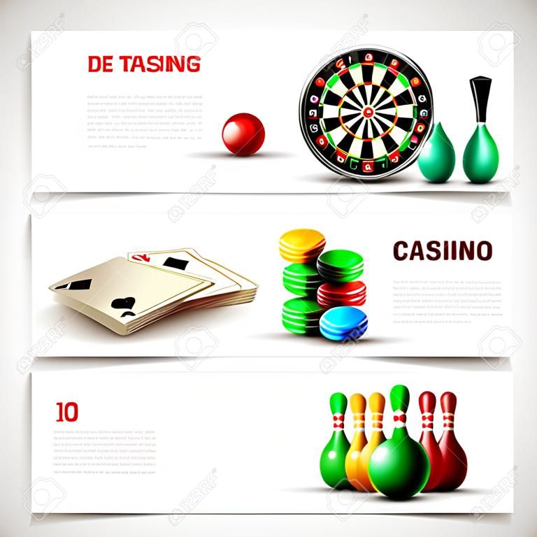 La composizione realistica in tre giochi orizzontali ha messo con l'illustrazione di vettore dei titoli del casinò e di bowling dei dardi